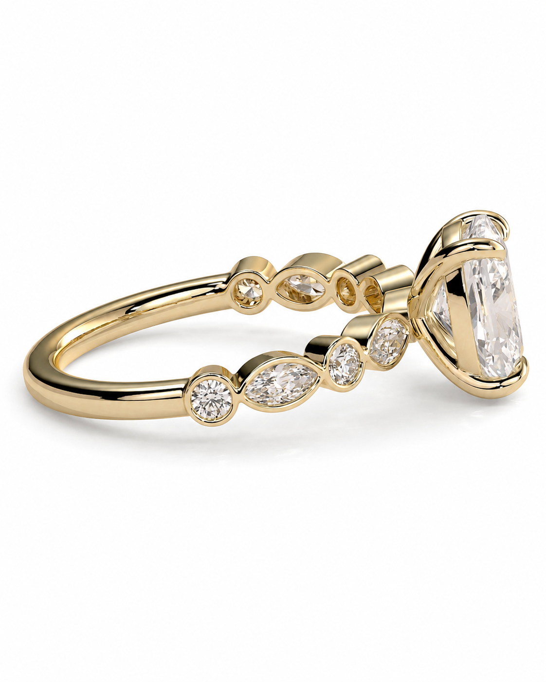 color_10K_YG, color_14K_YG &&
A yellow gold ring featuring a large marquise-cut clear gemstone in a prong setting, accented by smaller round and marquise-cut clear stones along the band, shown on a white background.