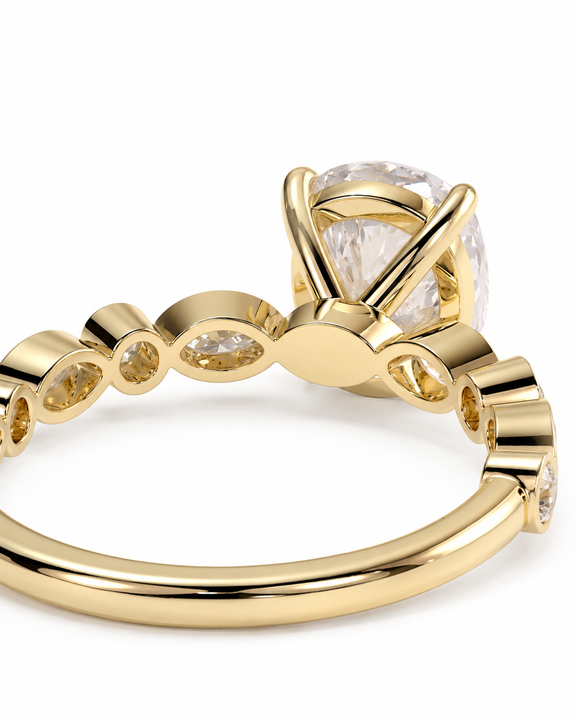 color_10K_YG, color_14K_YG &&
A close-up shot of a gold ring featuring a large oval clear gemstone in a prong setting, with smaller marquise-cut gemstones set along the band, on a white background.