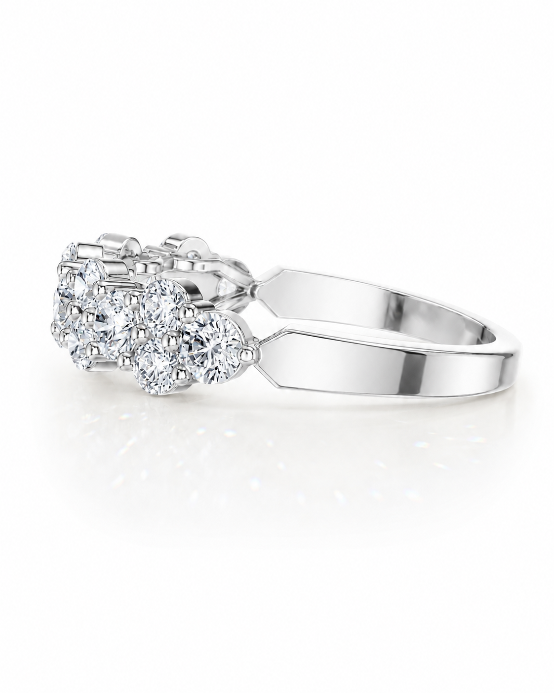 color_925_SIL,color_935_ARG,color_10K_WG, color_14K_WG &&	
A silver-toned cluster ring featuring multiple round-cut diamonds in a floral setting, shown on a clean white background with a soft reflection.