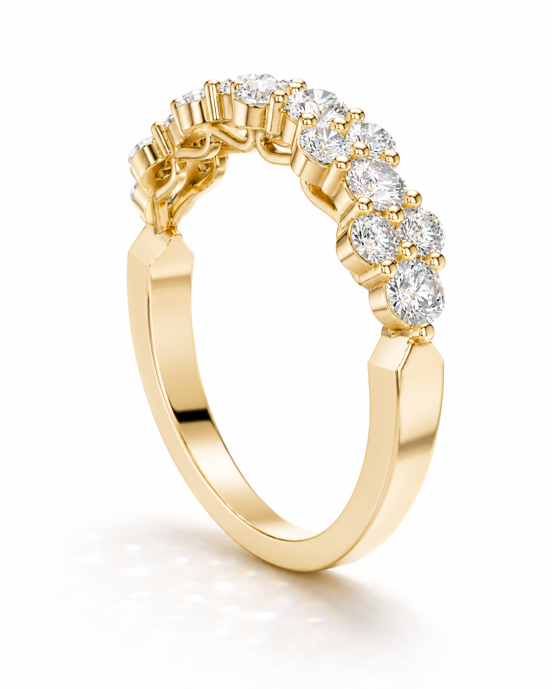 color_10K_YG, color_14K_YG &&	
Angled view of a women's moissanite wedding ring with floral-inspired design.