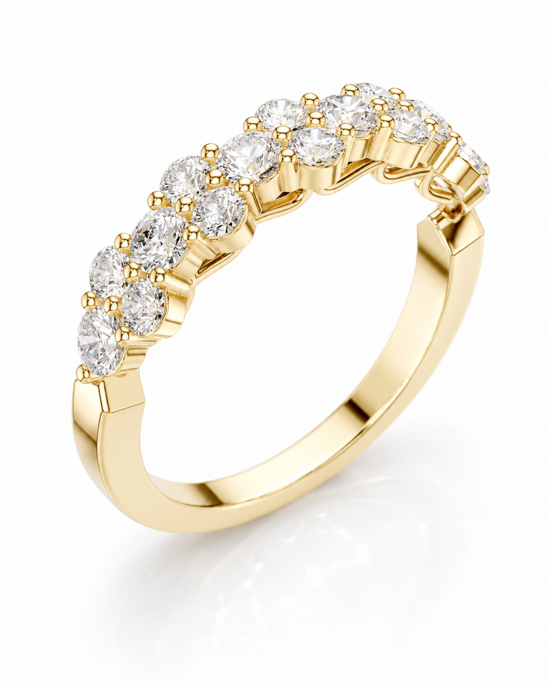 color_10K_YG, color_14K_YG &&	
Handcrafted anniversary wedding band with clustered round moissanite stones.