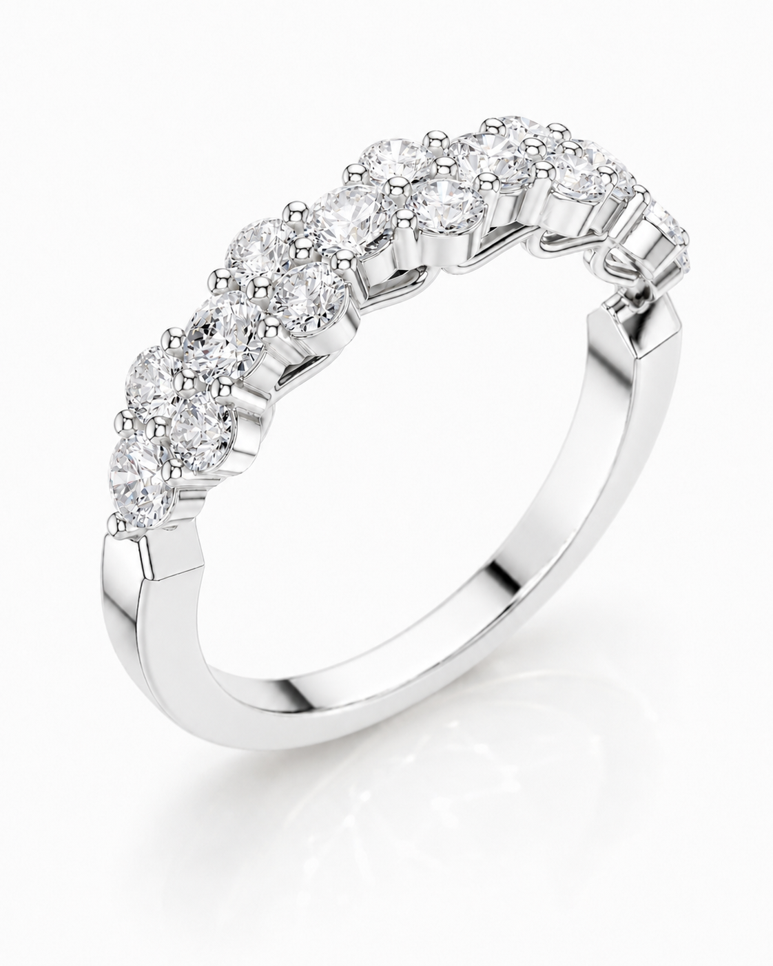 color_925_SIL,color_935_ARG,color_10K_WG, color_14K_WG &&	
A silver diamond eternity ring featuring a curved row of round-cut diamonds set in a polished white metal band, shown on a clean white background with a soft reflection.