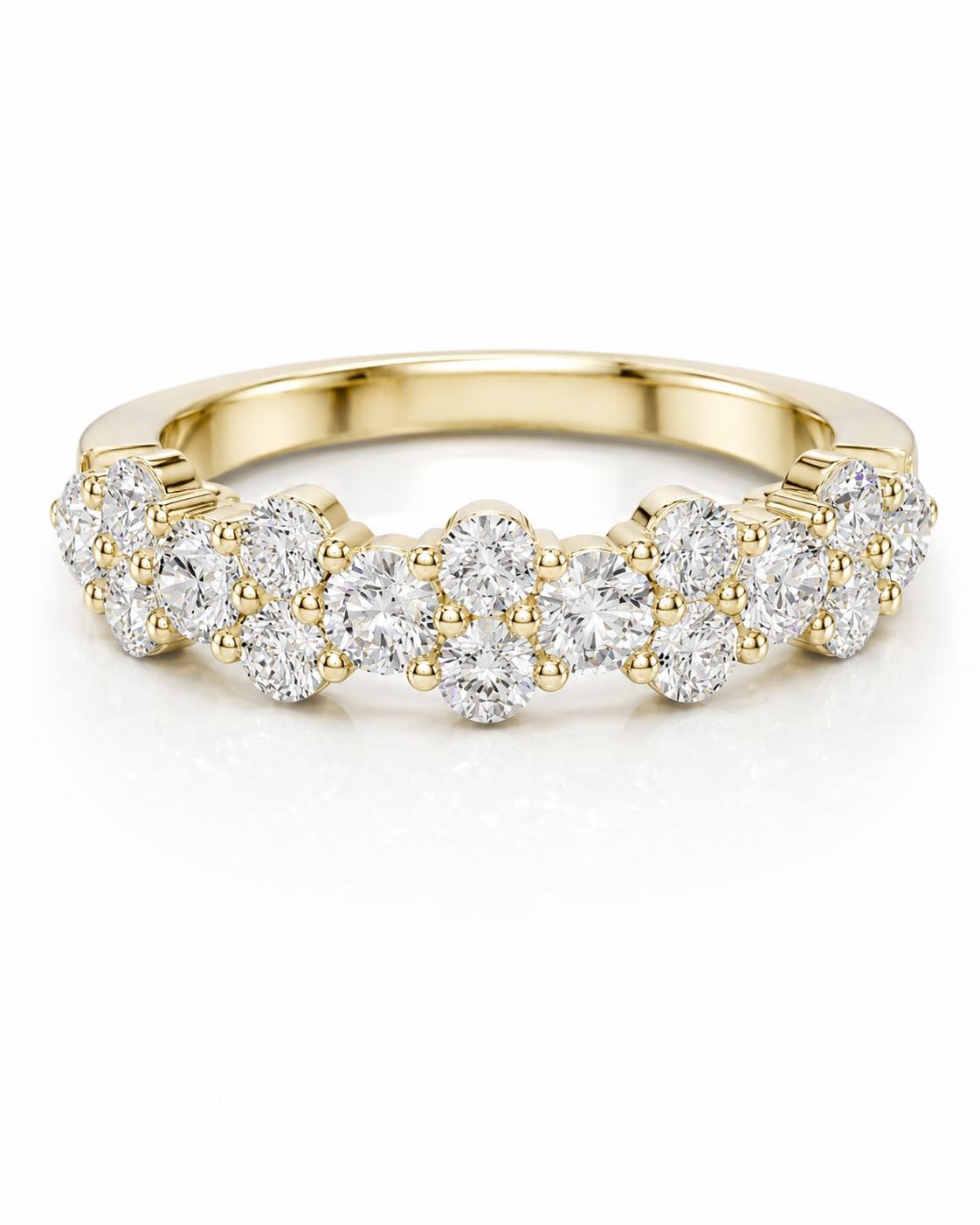color_10K_YG, color_14K_YG &&	
Floral-inspired round moissanite wedding band for women with clustered stones.