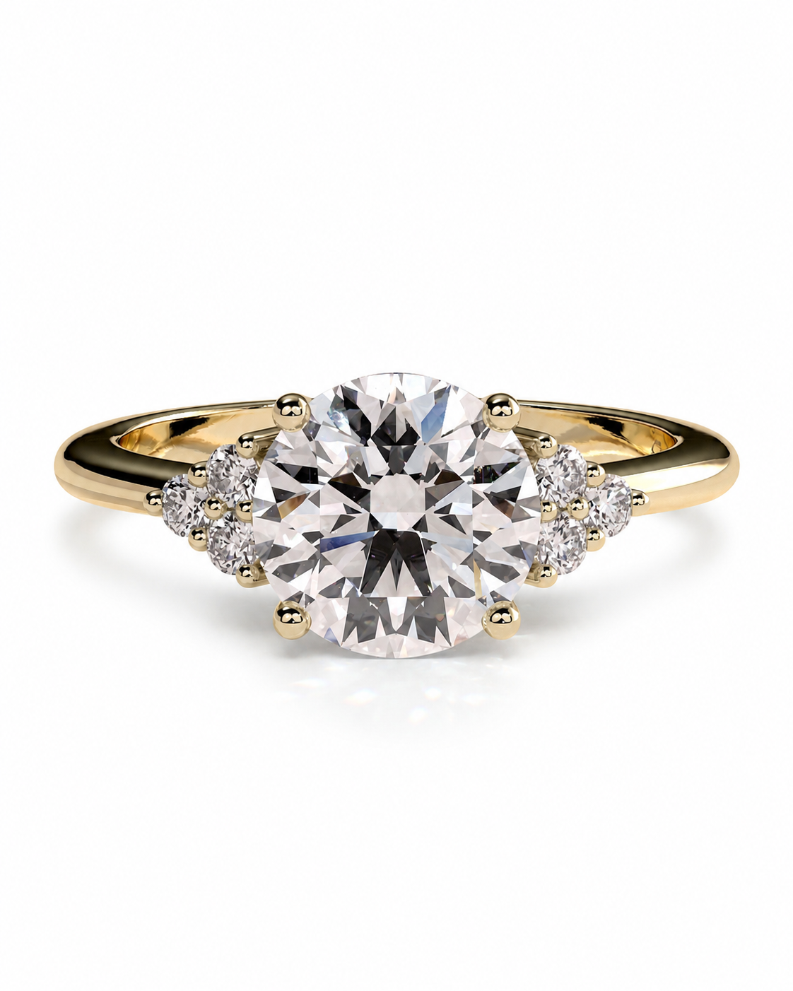 color_10K_YG, color_14K_YG &&A yellow gold engagement ring featuring a large round brilliant-cut center stone, accented by small round stones on either side of the band, set against a clean white background.