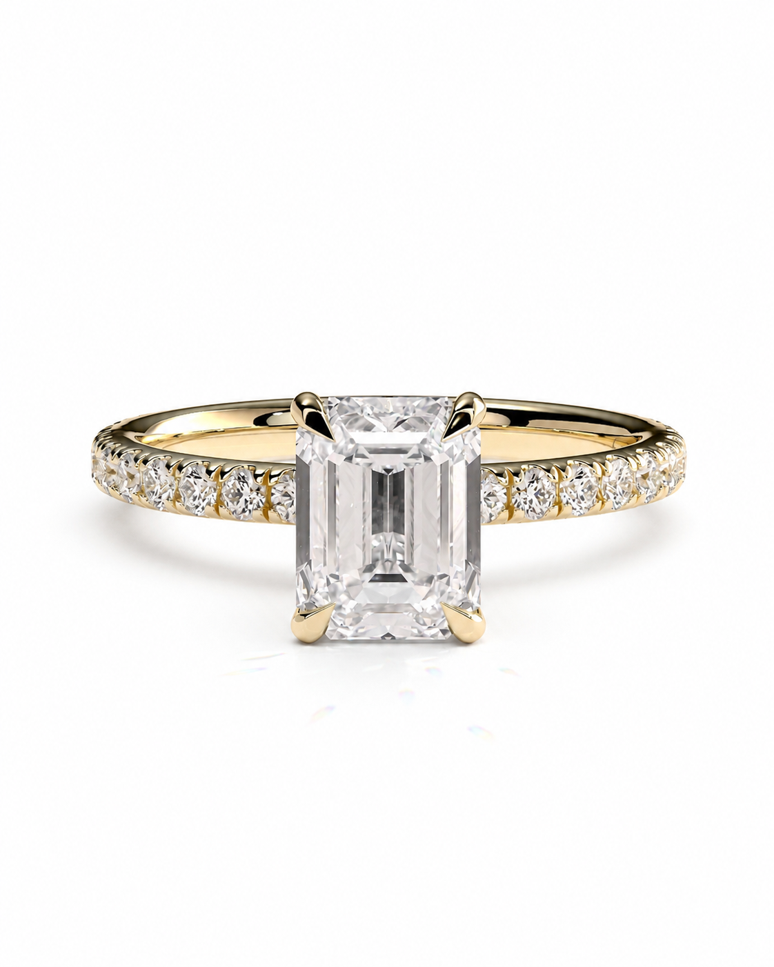 color_10K_YG, color_14K_YG &&A yellow gold engagement ring featuring a large emerald-cut clear center stone and a pavé band with small diamonds, set against a plain white background.