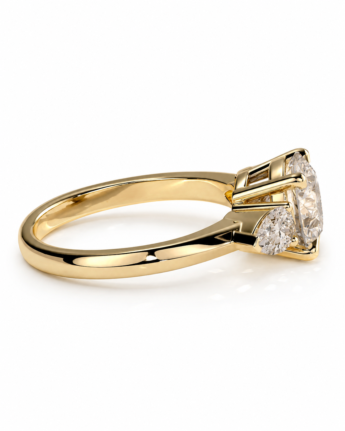 color_10K_YG, color_14K_YG &&A yellow gold solitaire engagement ring featuring a large round brilliant-cut center stone and smaller accent stones on the shoulders, set against a clean white background.