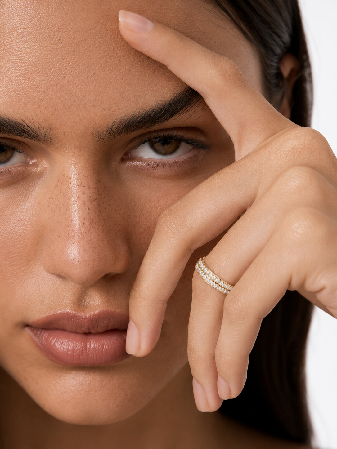 color_10K_YG, color_14K_YG &&Stackable moissanite wedding band with elegant double pave detailing.