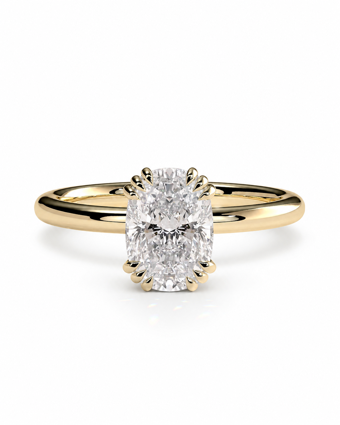 color_10K_YG, color_14K_YG &&A yellow gold solitaire engagement ring featuring a cushion-cut diamond center stone in a prong setting, shown on a clean white background.