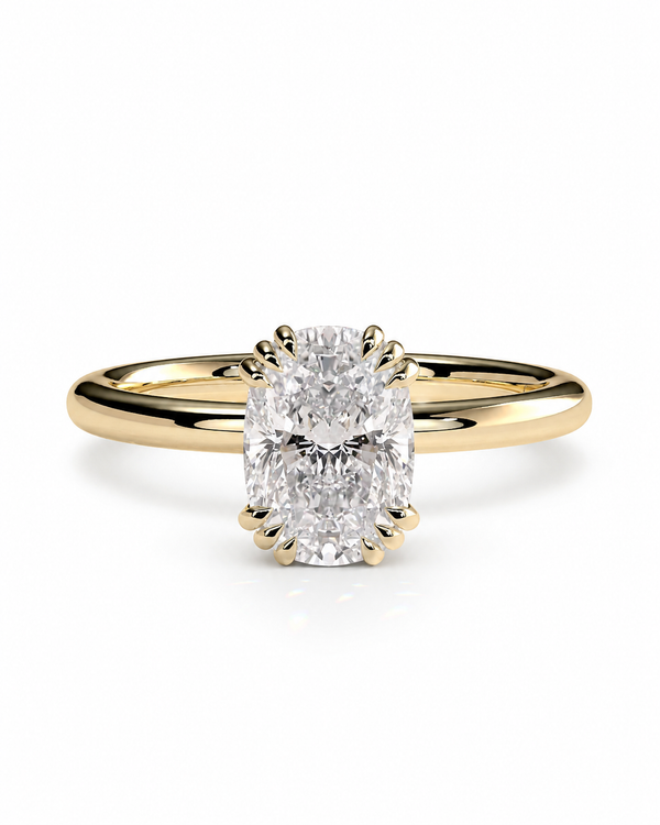 color_10K_YG, color_14K_YG &&A yellow gold solitaire engagement ring featuring a cushion-cut diamond center stone in a prong setting, shown on a clean white background.