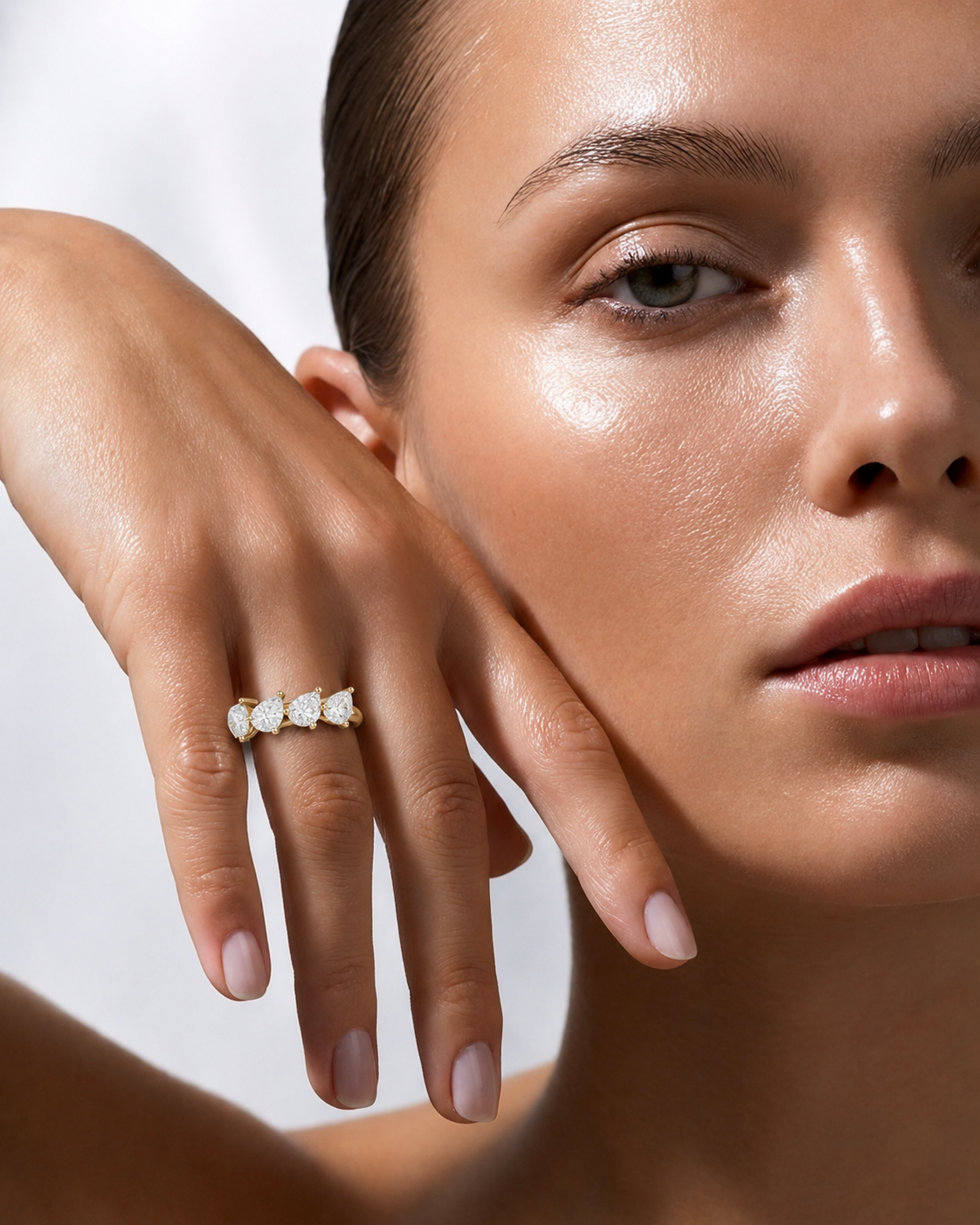 color_10K_YG, color_14K_YG &&Stackable marquise moissanite bridal band viewed from an angled perspective.
