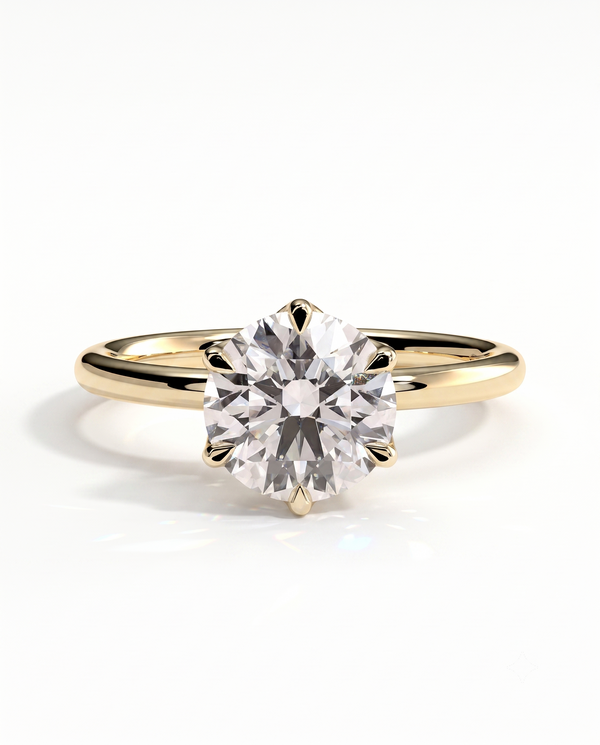 color_10K_YG, color_14K_YG &&A classic solitaire engagement ring featuring a round brilliant-cut diamond set in a yellow gold six-prong band, shown on a clean white background.