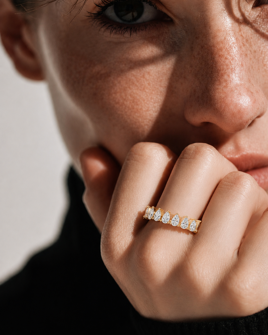 color_10K_YG, color_14K_YG &&Close-up of a full eternity moissanite wedding ring with brilliant pear-cut stones