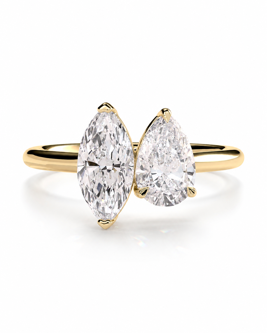 color_10K_YG, color_14K_YG &&A yellow gold double-ring engagement ring featuring two marquise-cut diamonds on a clean white background.