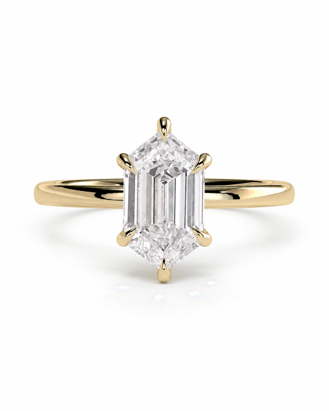 color_10K_YG, color_14K_YG &&
A yellow gold ring featuring a large emerald-cut diamond center stone in a six-prong setting, shown on a clean white background.