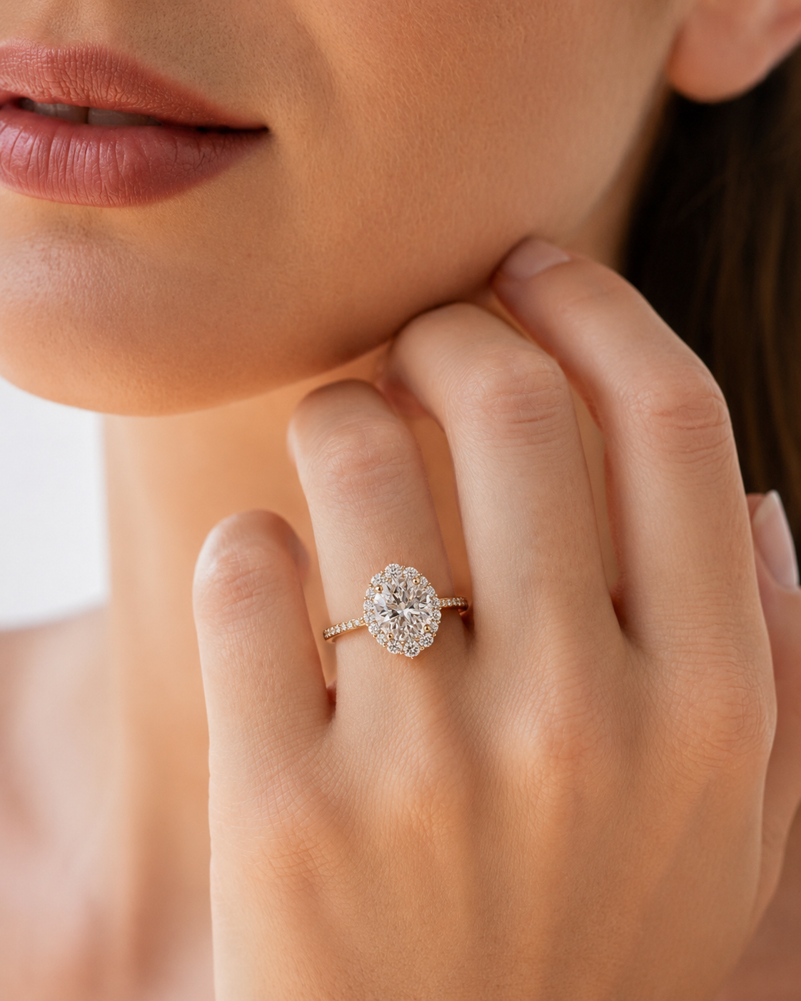 color_10K_YG, color_14K_YG &&A close-up lifestyle shot of a woman's hand wearing a delicate gold ring with a round cluster of clear gemstones, set against her face and hand.