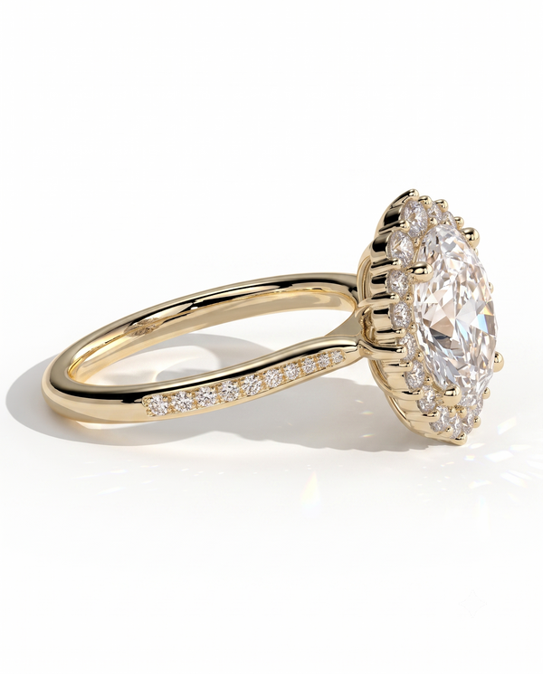 color_10K_YG, color_14K_YG &&A yellow gold engagement ring featuring a large oval-cut center stone surrounded by a halo of smaller round stones, with a pavé band, shown on a clean white background.