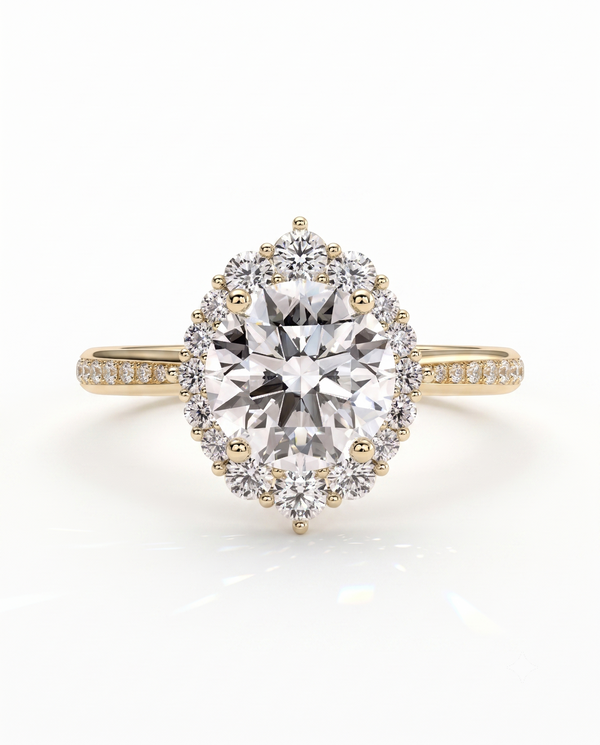 color_10K_YG, color_14K_YG &&A yellow gold halo ring featuring a large oval-cut center diamond surrounded by a double halo of smaller round diamonds, with a shank paved with small round diamonds, shown on a white background.