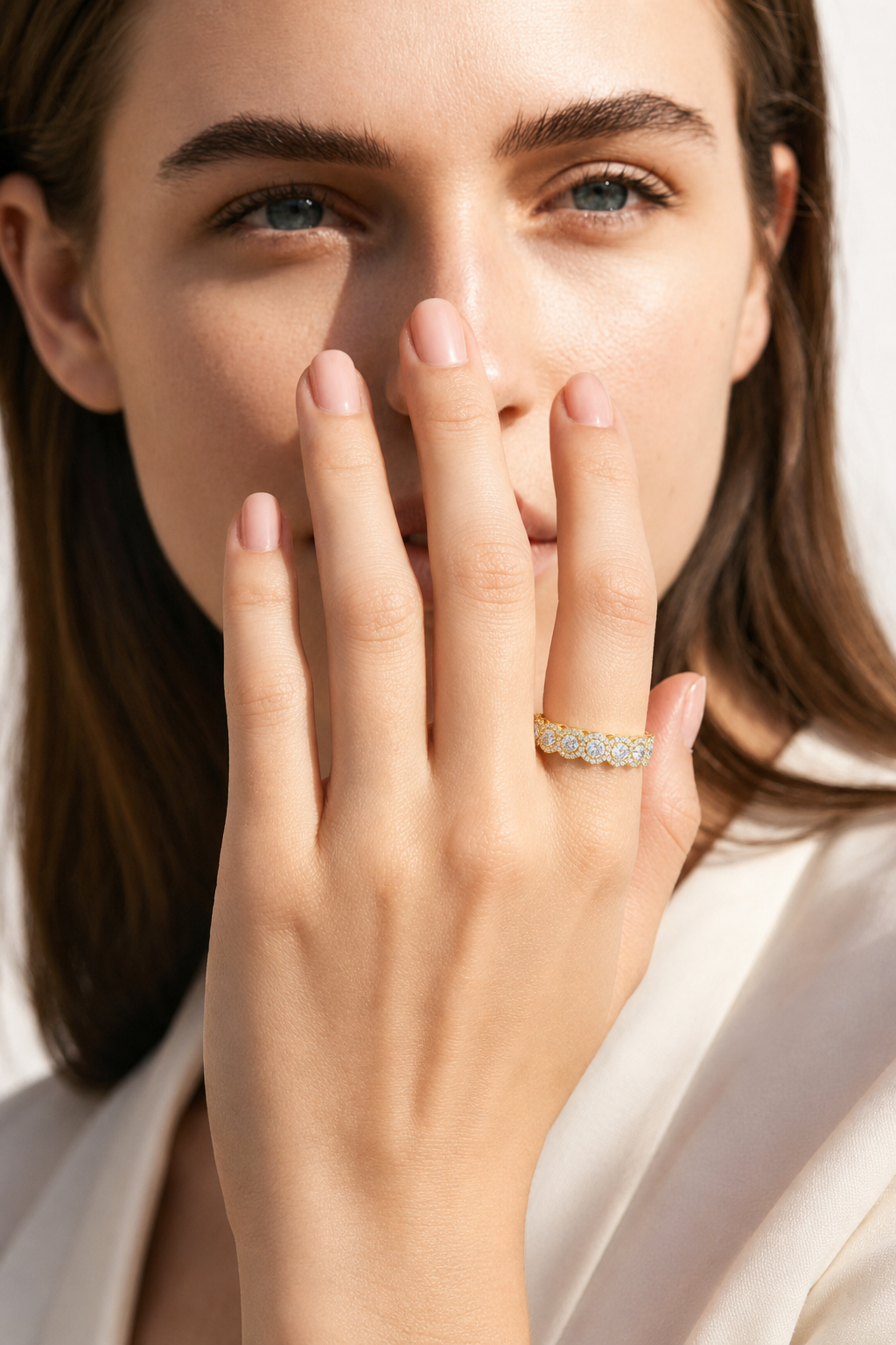 color_10K_YG, color_14K_YG &&Elegant stackable moissanite wedding band with round center stones and halo accents.