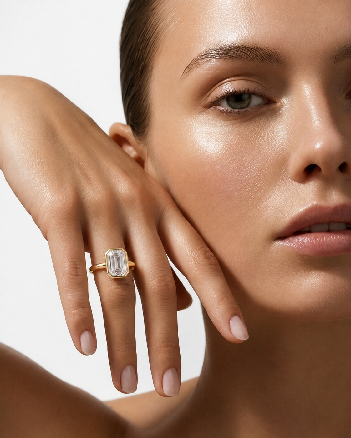 color_10K_YG, color_14K_YG &&A close-up lifestyle shot of a model wearing a gold ring with a rectangular baguette-cut clear gemstone on her finger, set against a clean white background.