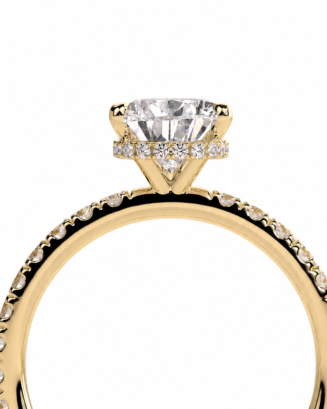 color_10K_YG, color_14K_YG &&A close-up of a yellow gold engagement ring featuring a large round-cut center stone and a halo accented with small diamonds, set against a plain white background.