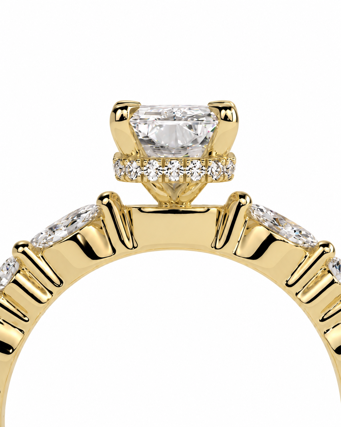 color_10K_YG, color_14K_YG &&A close-up of a yellow gold ring featuring a large rectangular clear gemstone in a prong setting, surrounded by a halo of small round diamonds, with additional diamonds set along the band, shown on a plain white background.