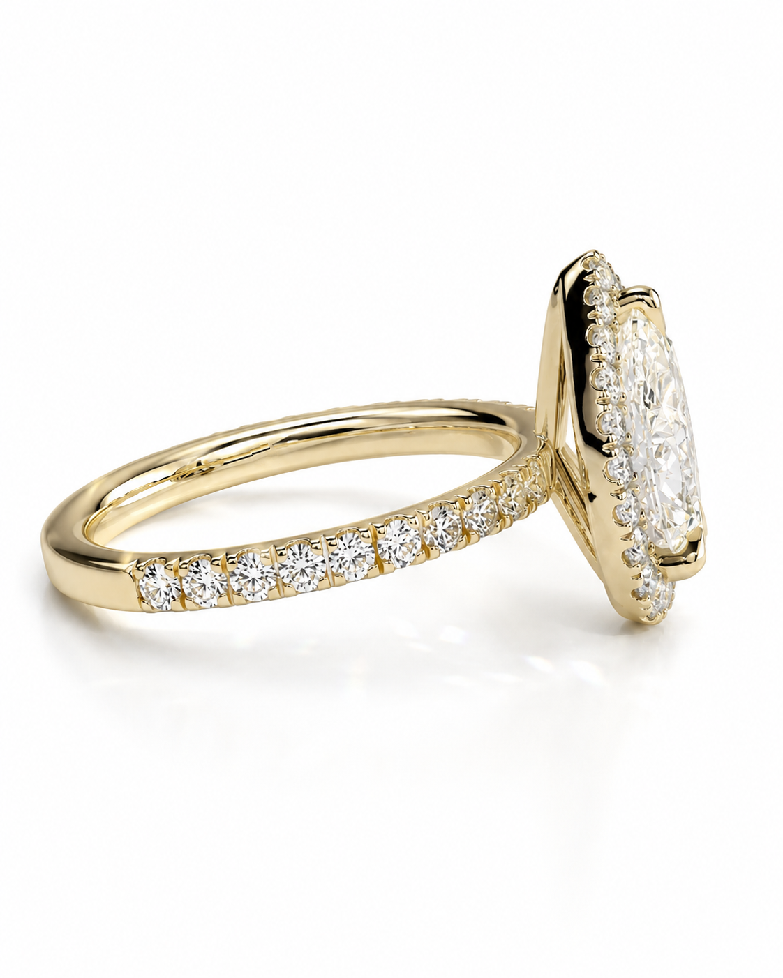 color_10K_YG, color_14K_YG &&A yellow gold diamond ring with a large oval-cut center stone surrounded by a halo of smaller diamonds, and a pavé-set diamond band, shown on a white background.