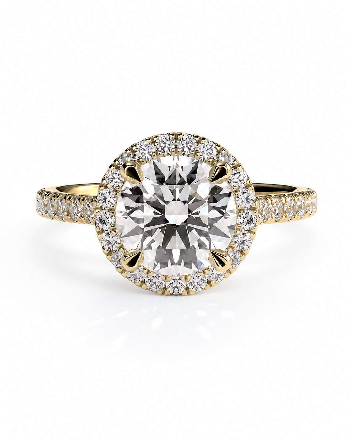 color_10K_YG, color_14K_YG &&A yellow gold halo engagement ring featuring a large round-cut center diamond surrounded by a double halo of smaller diamonds, with the band also paved with diamonds, set against a clean white background.