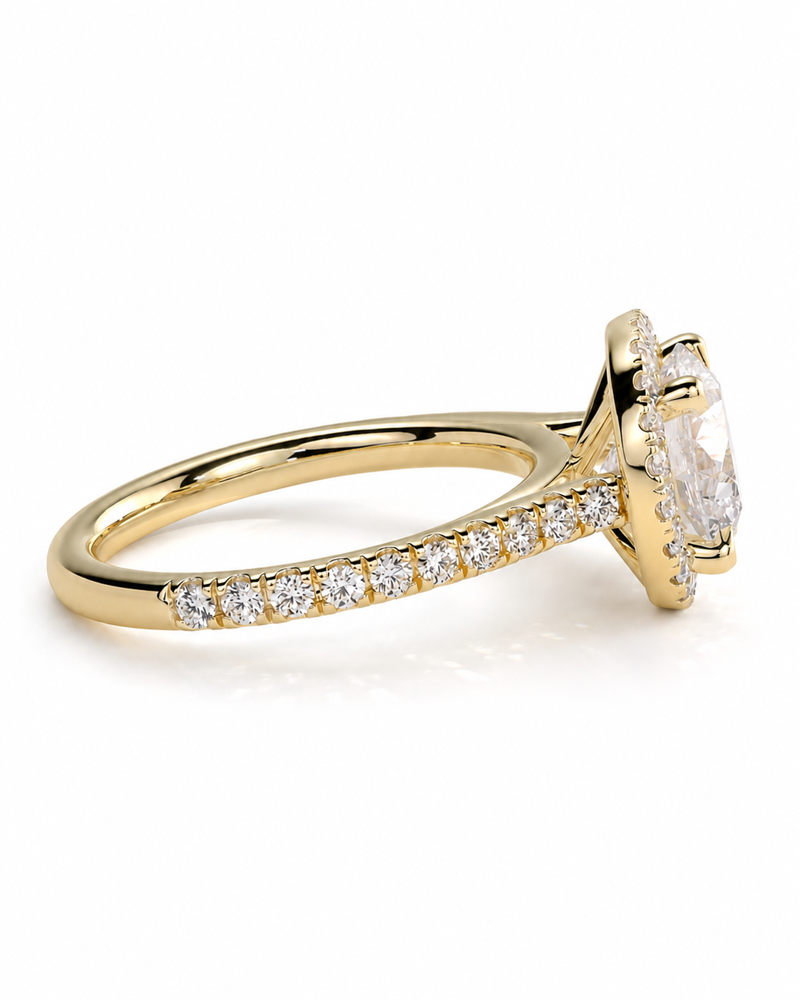 color_10K_YG, color_14K_YG &&A yellow gold engagement ring featuring a large oval-cut center stone and a pavé band with small round stones, shown on a clean white background.