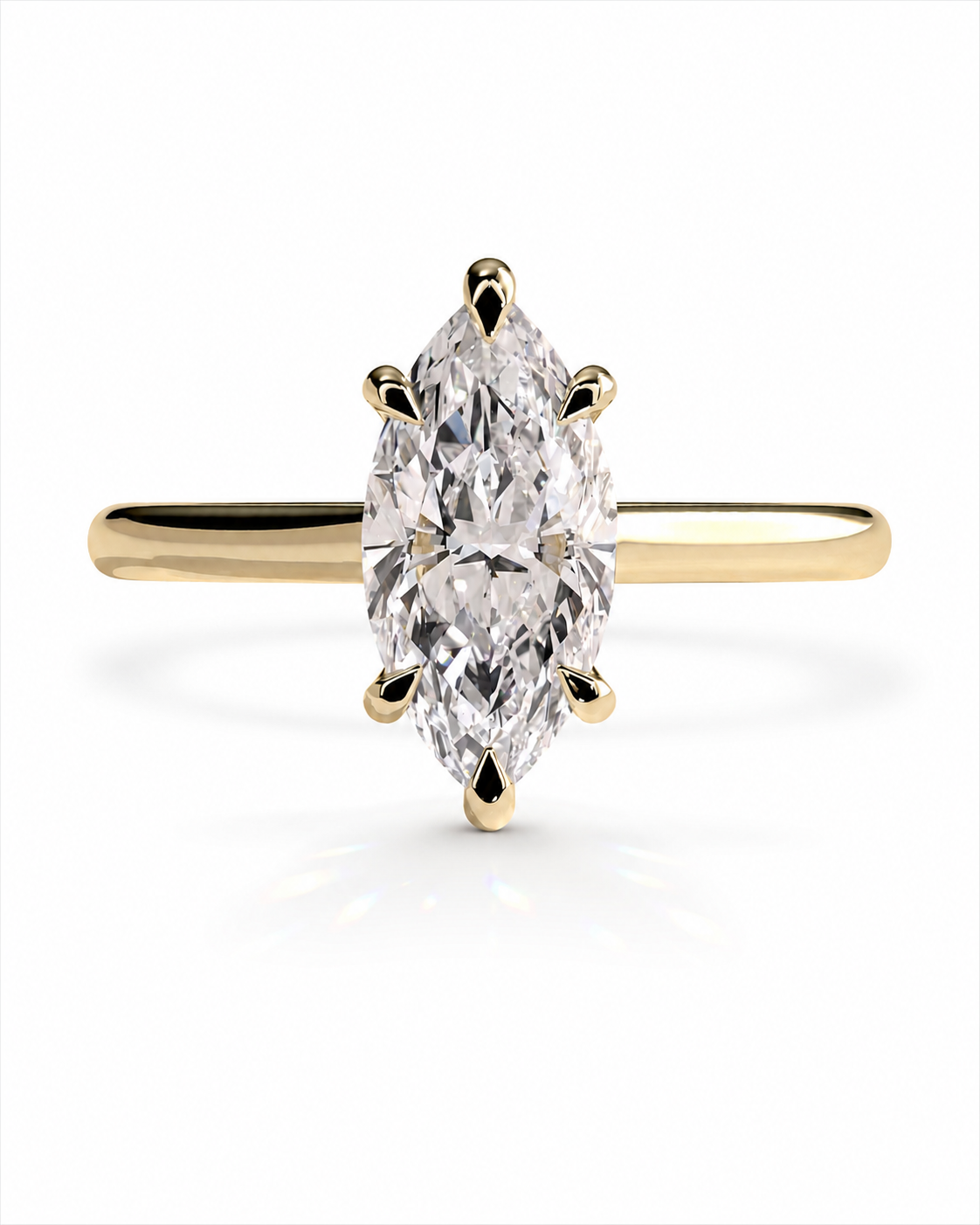 color_10K_YG, color_14K_YG &&A yellow gold ring featuring a marquise-cut diamond in a six-prong setting, shown against a clean white background.