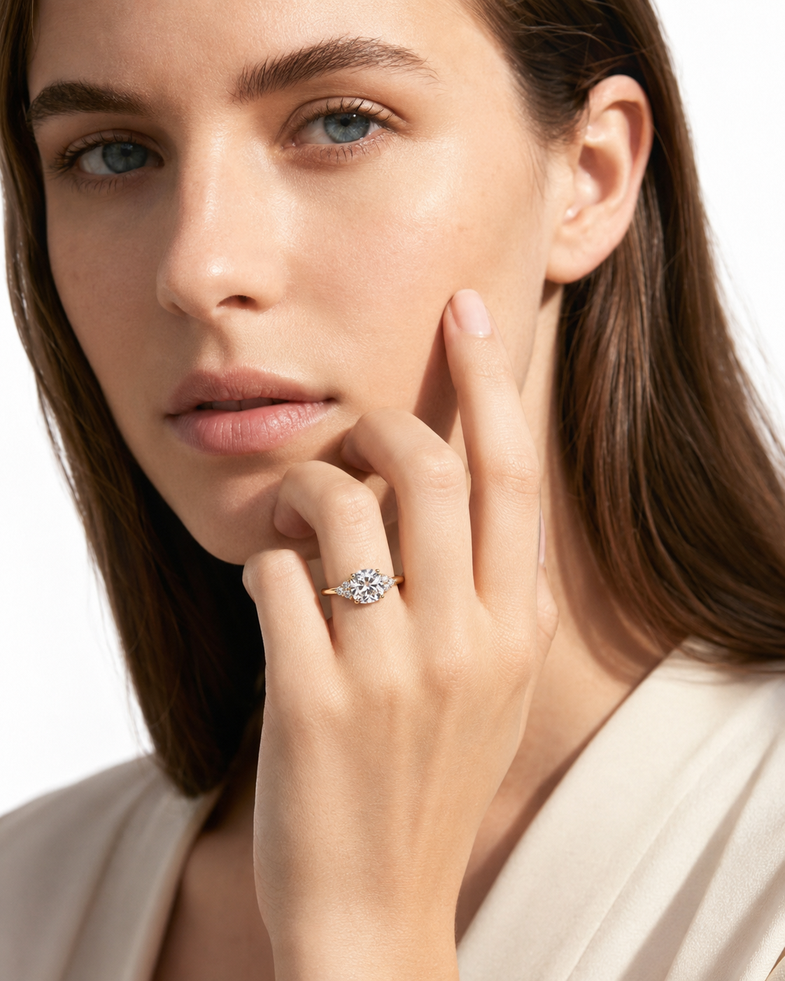 color_10K_YG, color_14K_YG &&A close-up lifestyle shot of a woman wearing a sparkling diamond ring on her finger, with her hand resting on her chin against a clean white background.