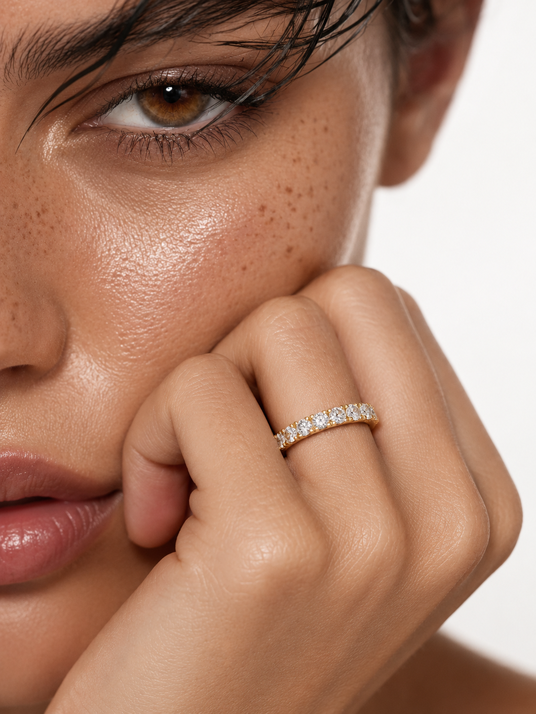 color_10K_YG, color_14K_YG &&Fine jewelry moissanite anniversary band with round brilliant stones on a slim band