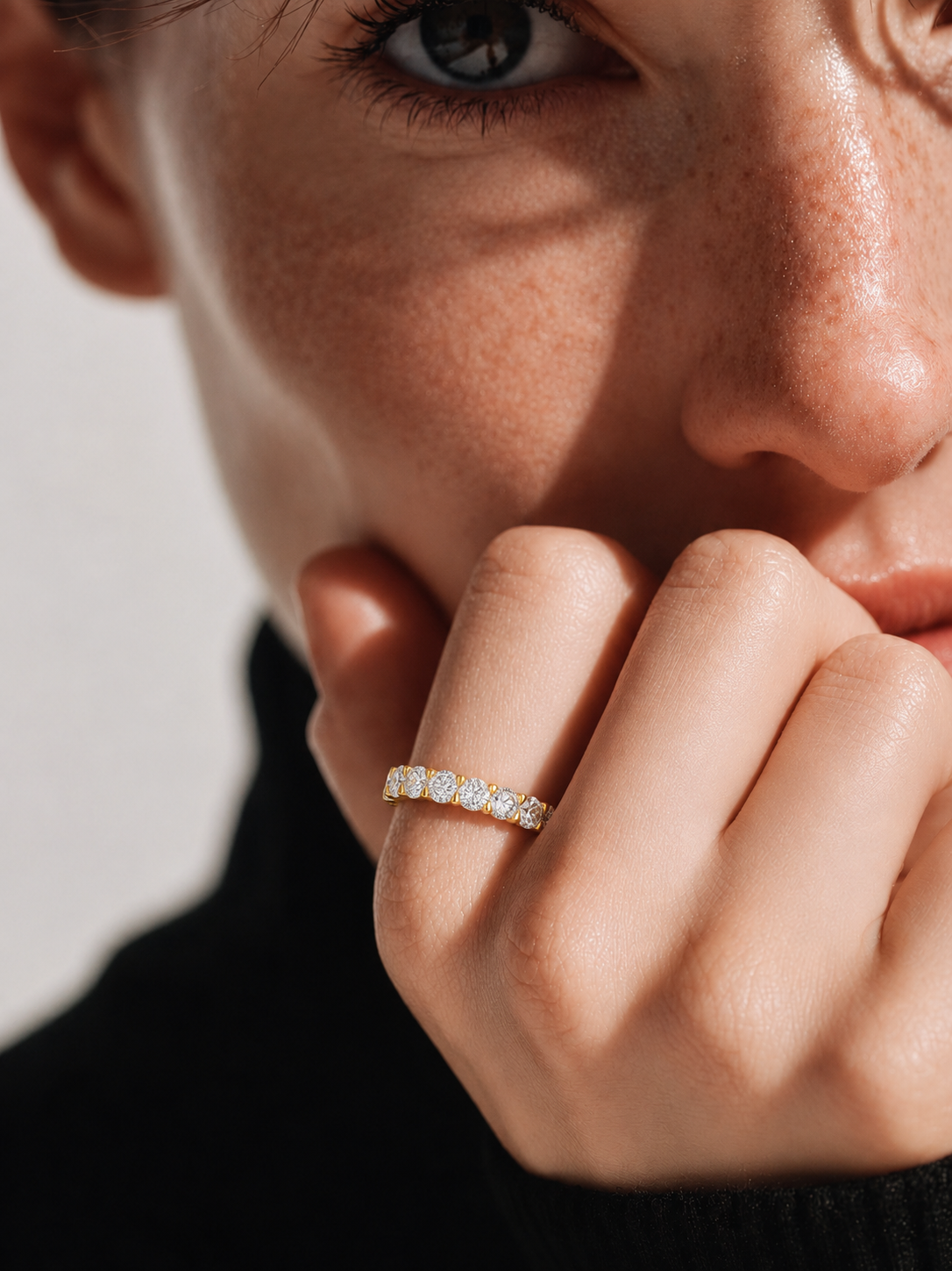 color_10K_YG, color_14K_YG &&Premium moissanite wedding band photographed to highlight the full eternity shared-prong setting.