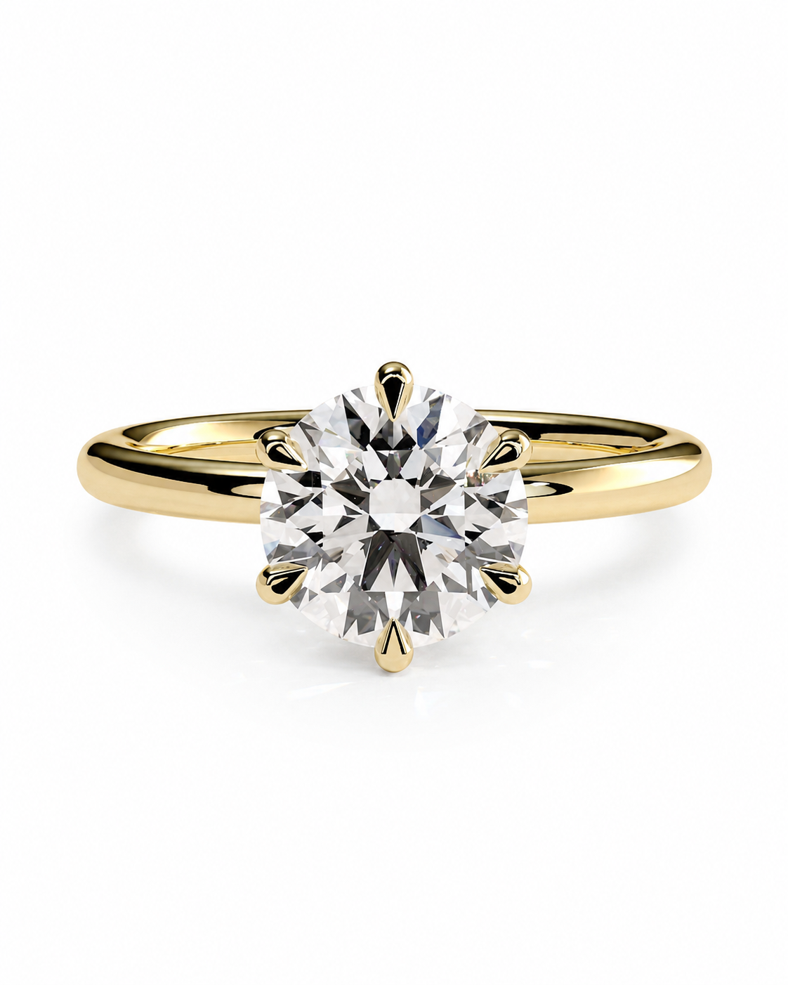 color_10K_YG, color_14K_YG &&A classic solitaire engagement ring featuring a round brilliant-cut diamond set in a yellow gold six-prong band, shown on a clean white background.