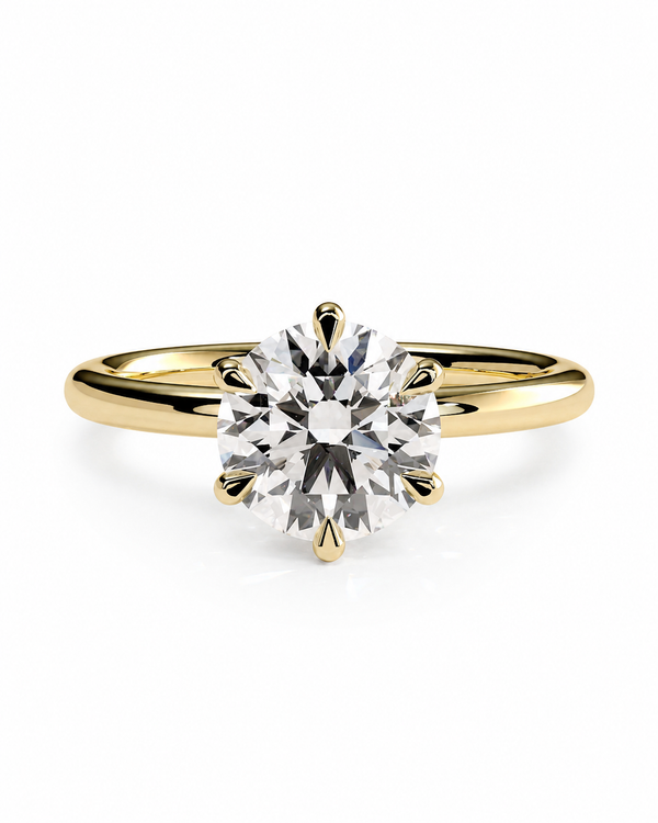 color_10K_YG, color_14K_YG &&A classic solitaire engagement ring featuring a round brilliant-cut diamond set in a yellow gold six-prong band, shown on a clean white background.