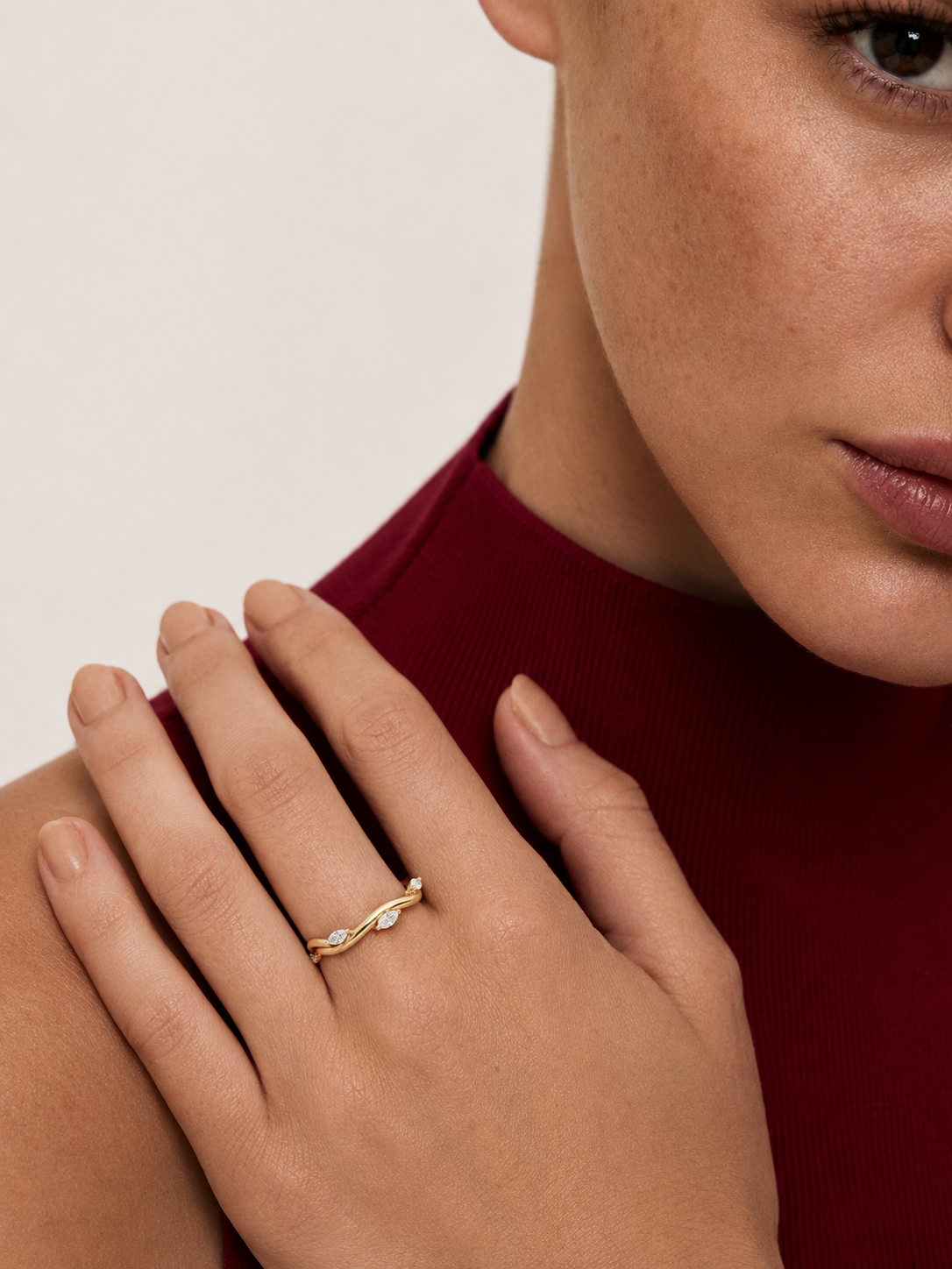 color_10K_YG, color_14K_YG &&Curved bridal wedding band featuring marquise moissanite in a refined close-up angle.