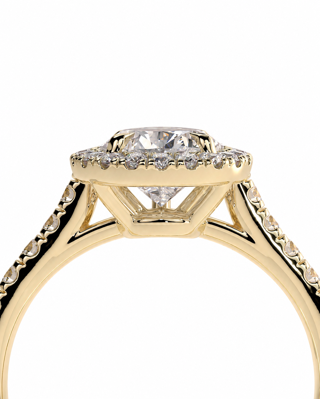 color_10K_YG, color_14K_YG &&A close-up of a yellow gold diamond ring featuring a round-cut center stone surrounded by a halo of small pavé-set diamonds, with additional diamonds along the shoulders of the band.