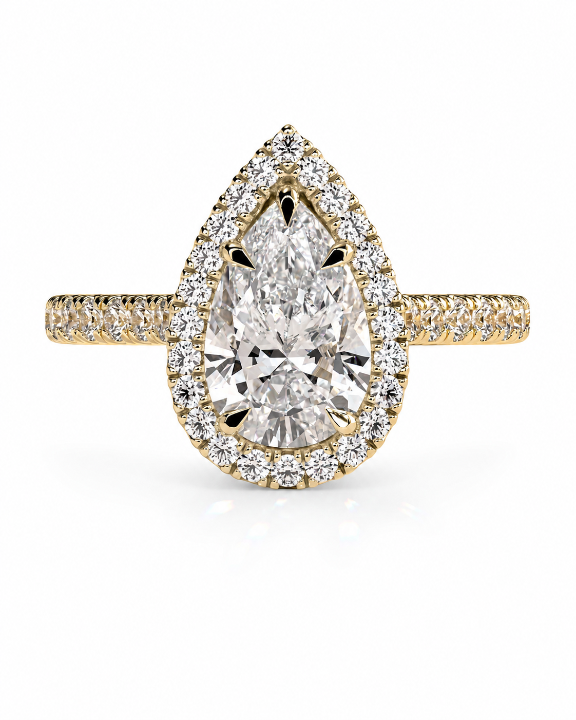 color_10K_YG, color_14K_YG &&A pear-shaped halo ring featuring a large central round-cut diamond surrounded by a double halo of smaller diamonds, set in yellow gold with a diamond-paved band, shown on a white background.