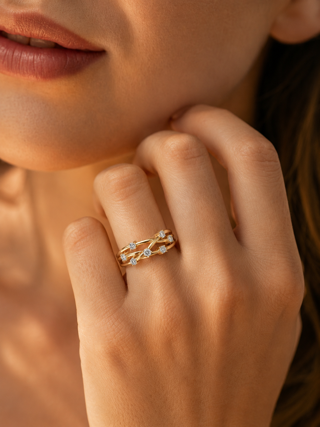 color_10K_YG, color_14K_YG &&Close-up of a round moissanite stackable wedding band with refined prong settings.