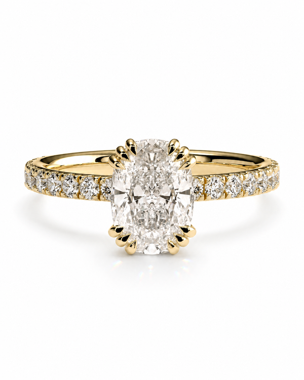 color_10K_YG, color_14K_YG &&A yellow gold engagement ring featuring a large oval-cut center diamond and a pavé band with smaller diamonds, set against a clean white background.