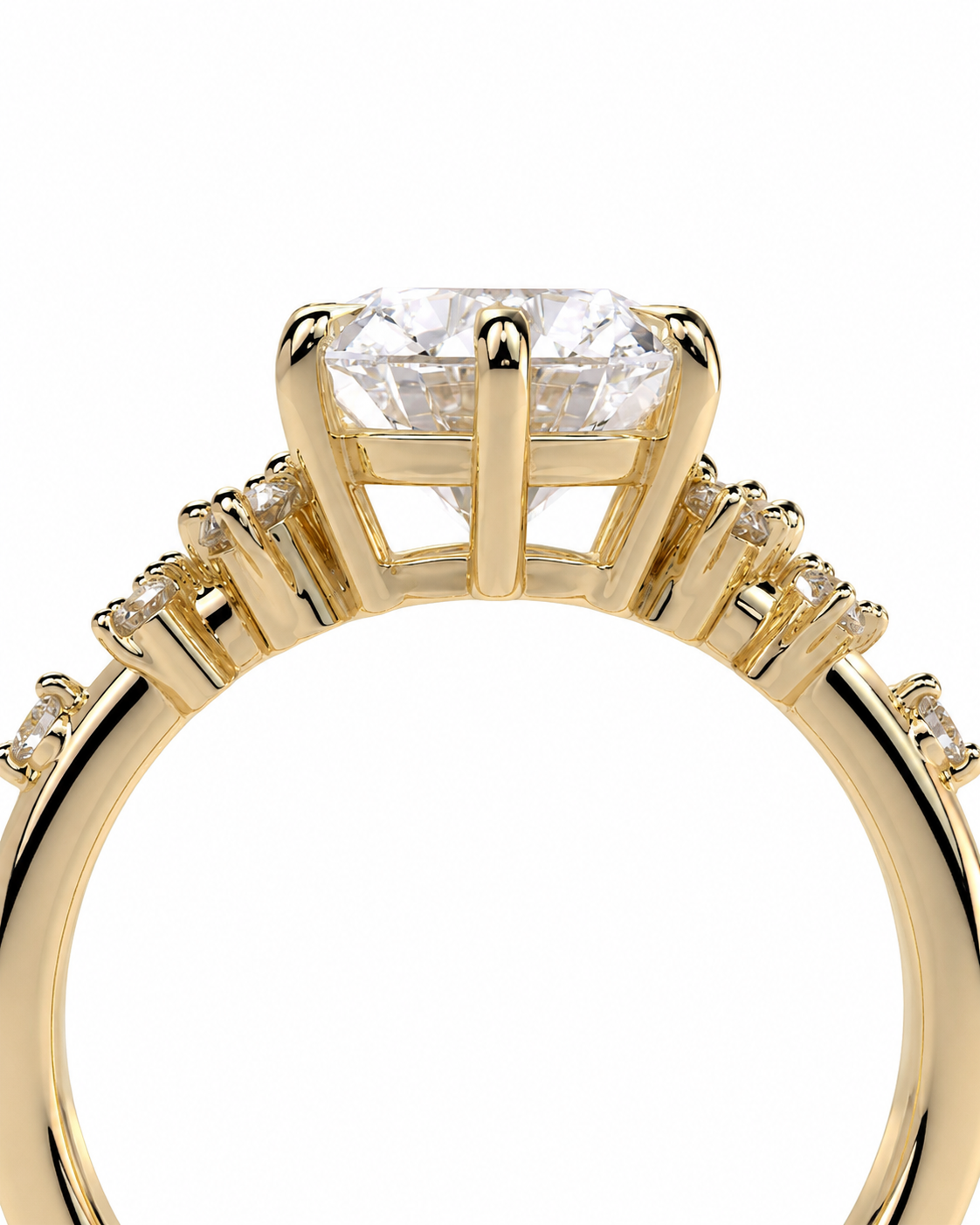 color_10K_YG, color_14K_YG && close-up shot of a yellow gold ring featuring a large clear rectangular gemstone in a prong setting, with smaller accent stones along the shoulders, set against a plain white background.