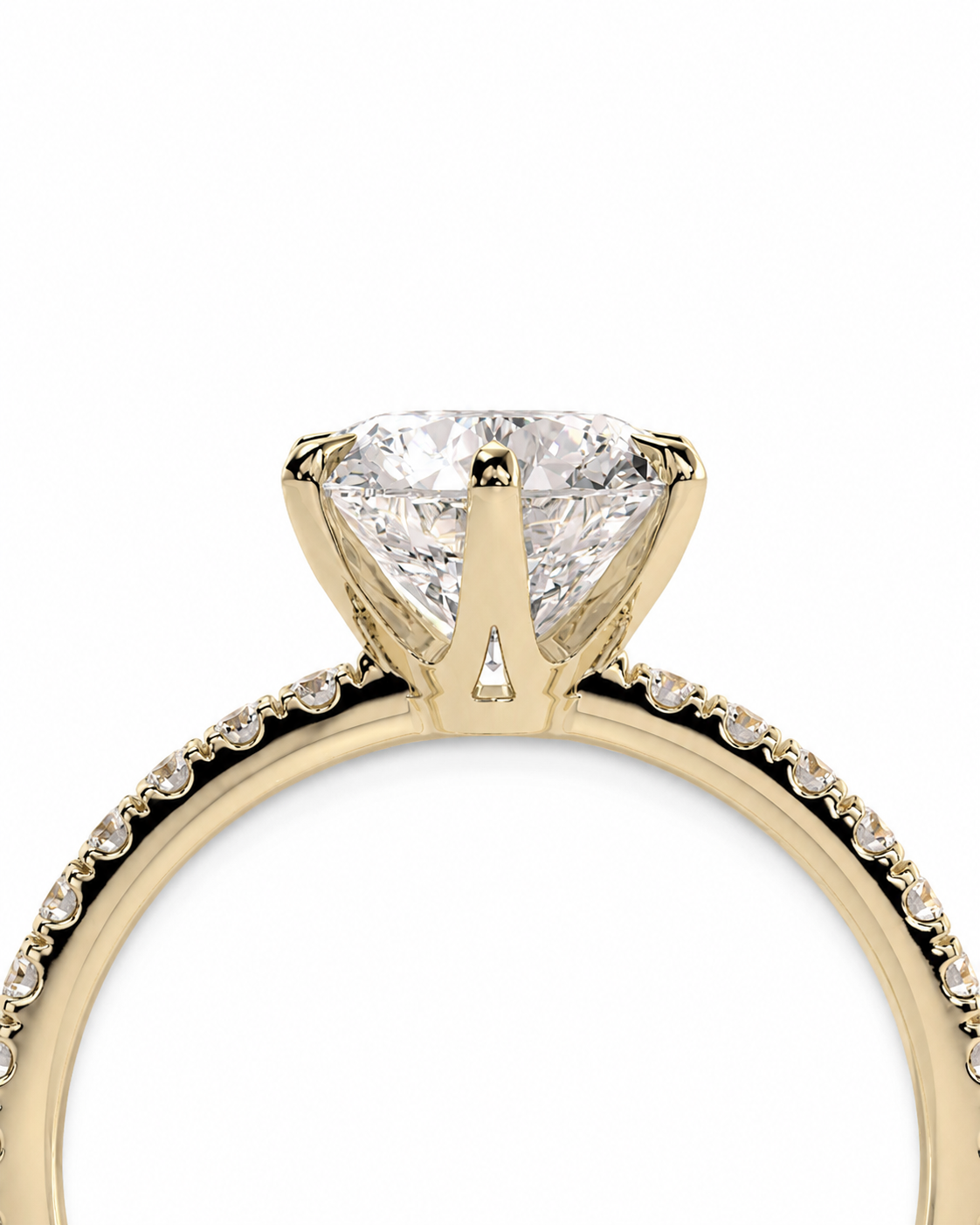 color_10K_YG, color_14K_YG &&A close-up of a yellow gold diamond ring featuring a large triangular-cut center stone and a pavé-set band with small diamonds, shown on a plain white background.