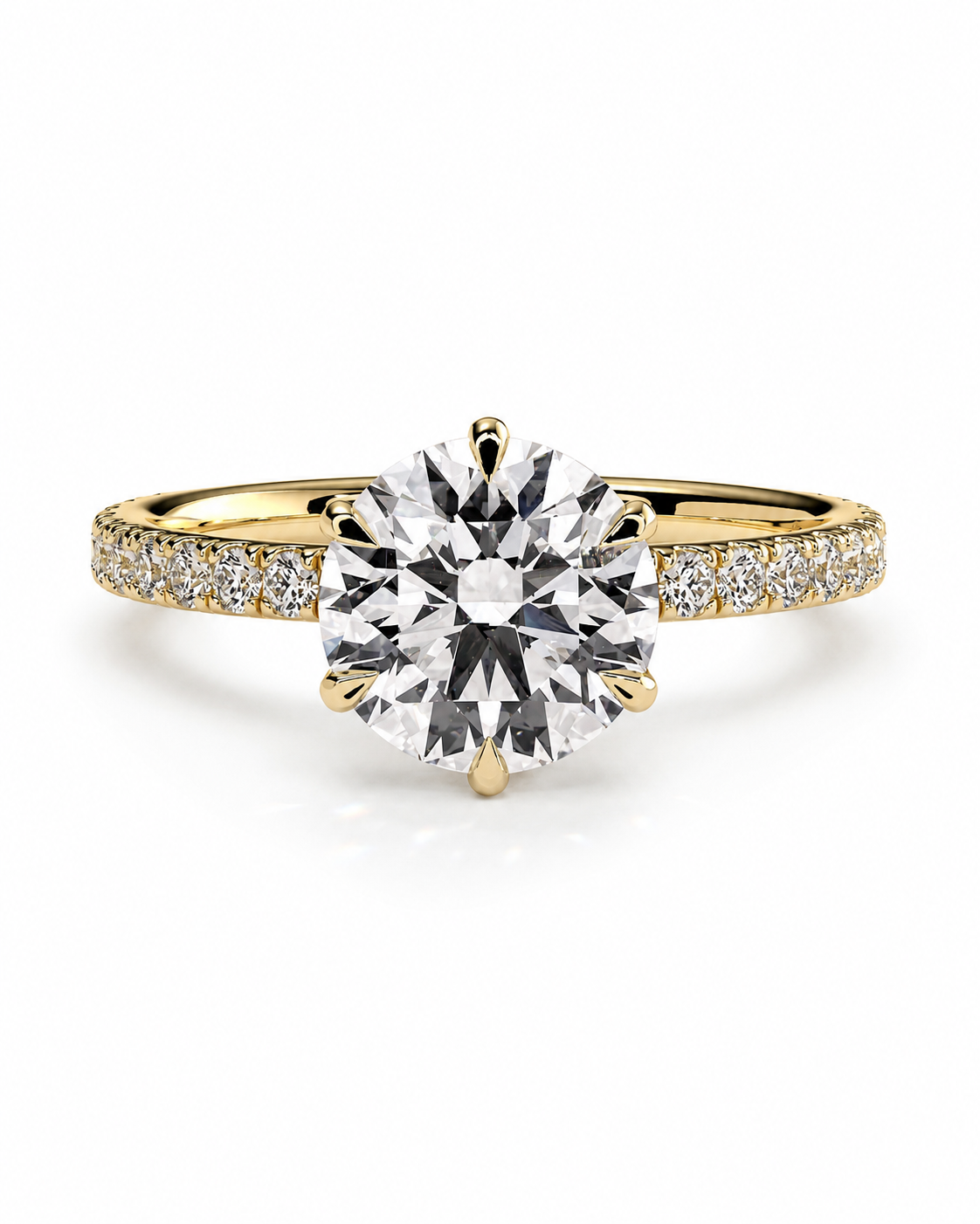 color_10K_YG, color_14K_YG &&A yellow gold solitaire engagement ring featuring a large round brilliant-cut diamond center stone, with a pavé-set diamond band, shown on a clean white background.