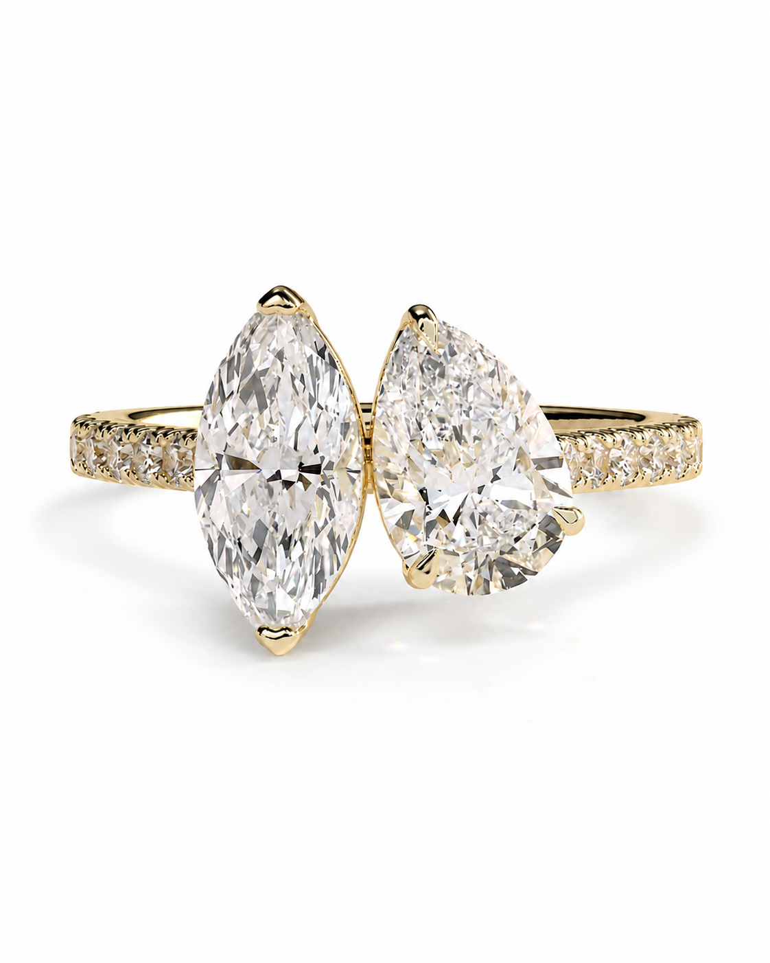 color_10K_YG, color_14K_YG &&	
A yellow gold double-ring engagement ring featuring two large pear-cut diamonds on the front and a row of small round diamonds along the shoulders, set against a clean white background.