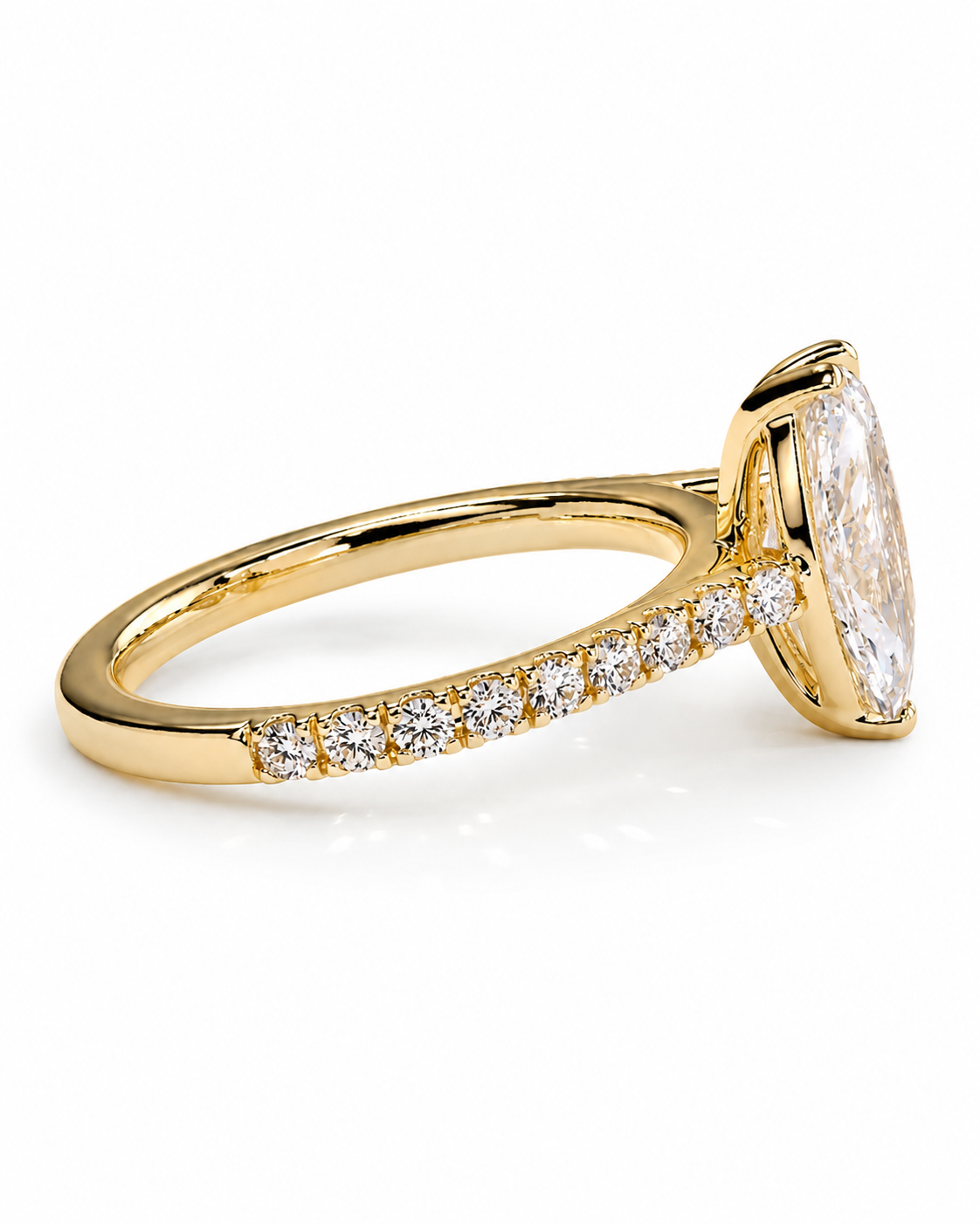 color_10K_YG, color_14K_YG &&	
A yellow gold diamond ring featuring a large oval-cut center stone and a pave band with smaller round diamonds, shown on a clean white background.
