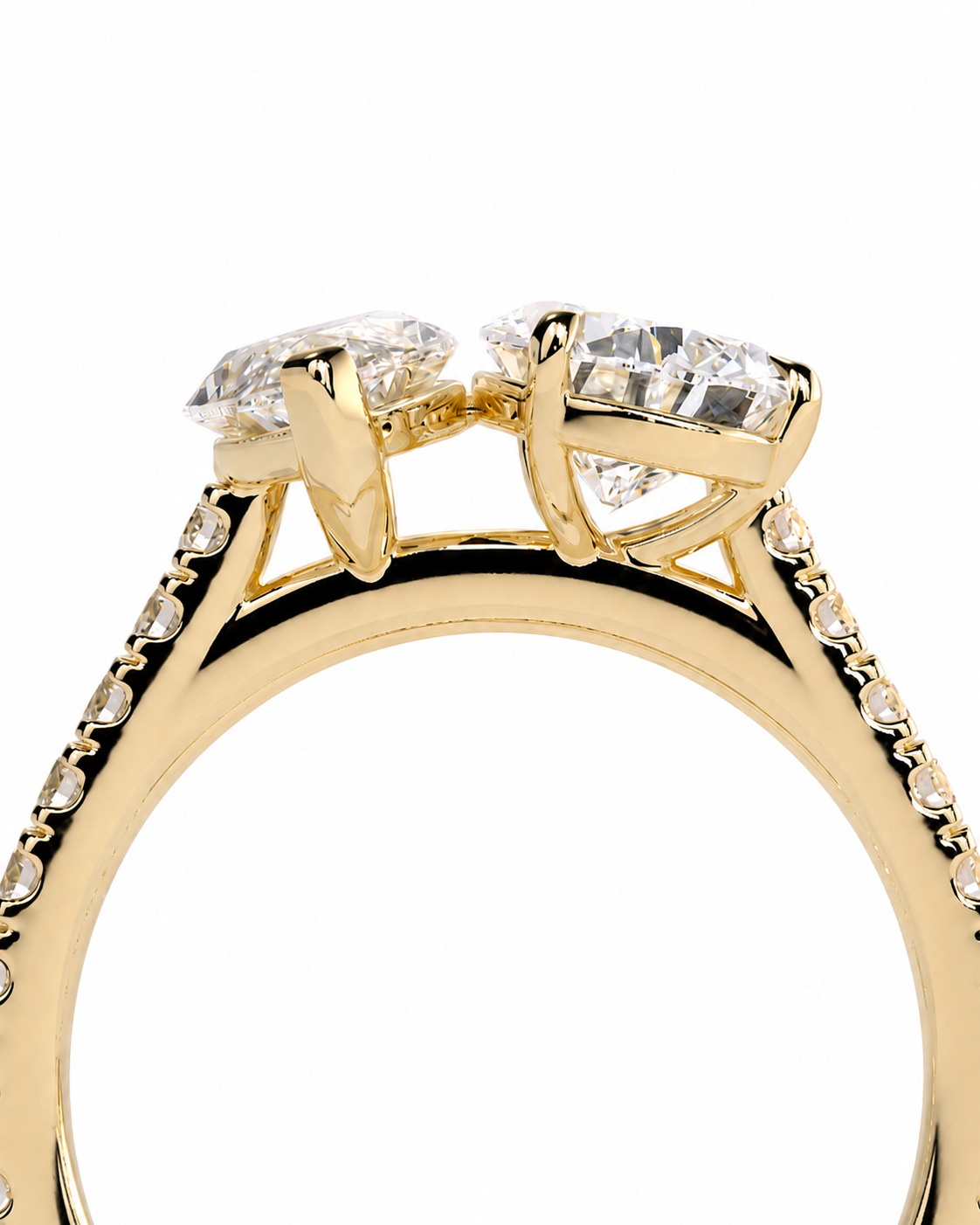 color_10K_YG, color_14K_YG &&	
A close-up studio shot of a yellow gold ring with two clear gemstones in a split setting, shown against a plain white background.