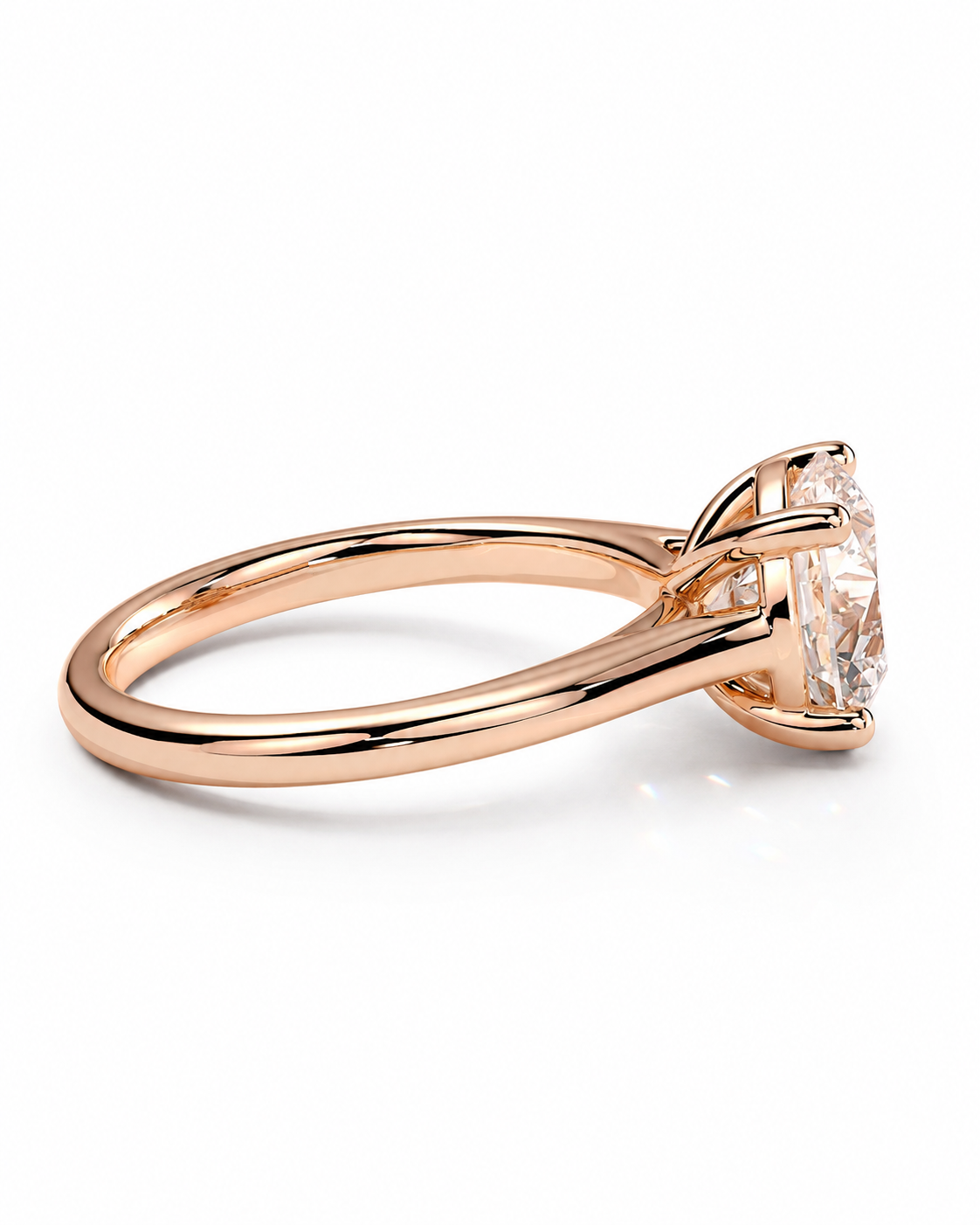 color_10K_RG, color_14K_RG &&	A rose gold engagement ring featuring a large oval-cut clear gemstone in a four-prong setting, shown on a clean white background.