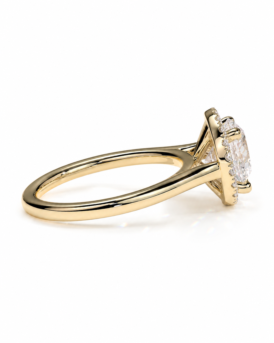 color_10K_YG, color_14K_YG &&	
A yellow gold ring with a brilliant round-cut diamond center stone and smaller side diamonds, shown in a three-quarter side view on a white background.