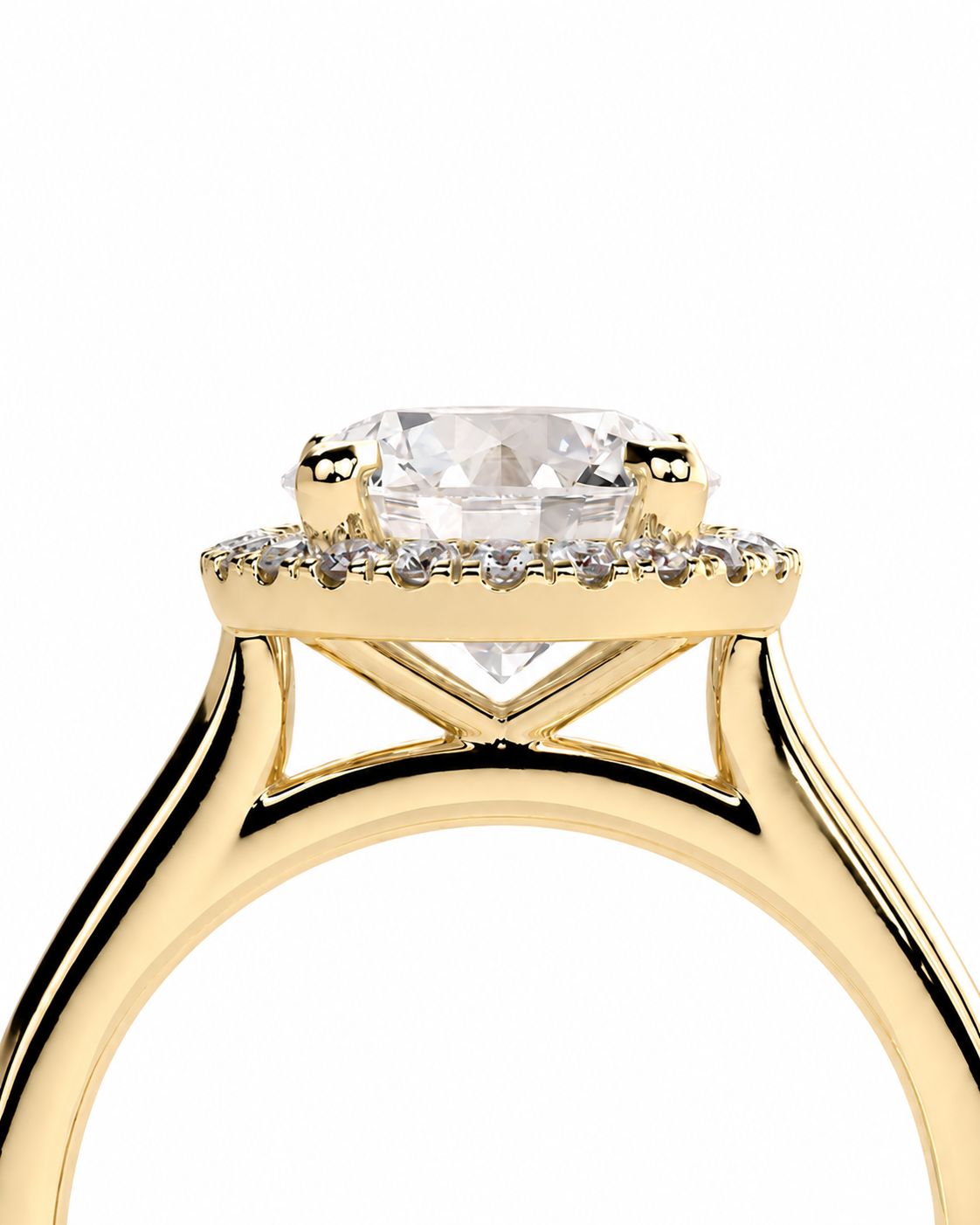 color_10K_YG, color_14K_YG &&	
A close-up of a yellow gold solitaire engagement ring featuring a large oval-cut clear center stone and a halo of small round-cut stones, set against a plain white background.