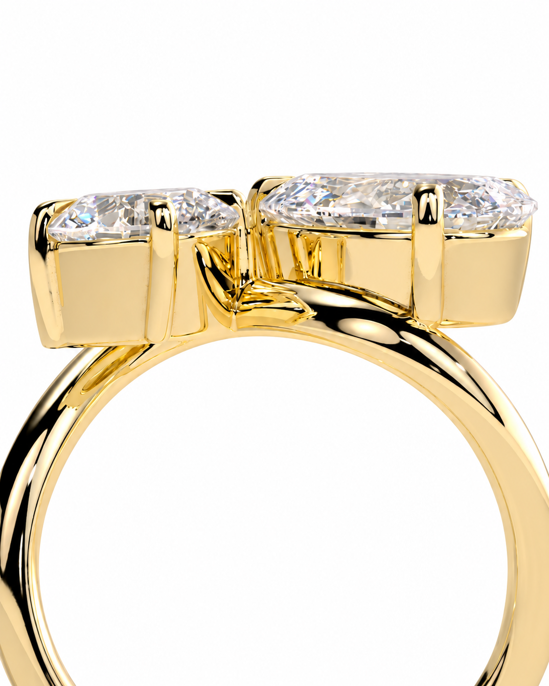 color_10K_YG, color_14K_YG &&	
A close-up of a yellow gold ring featuring two marquise-cut clear gemstones in a split setting, shown against a solid white background.