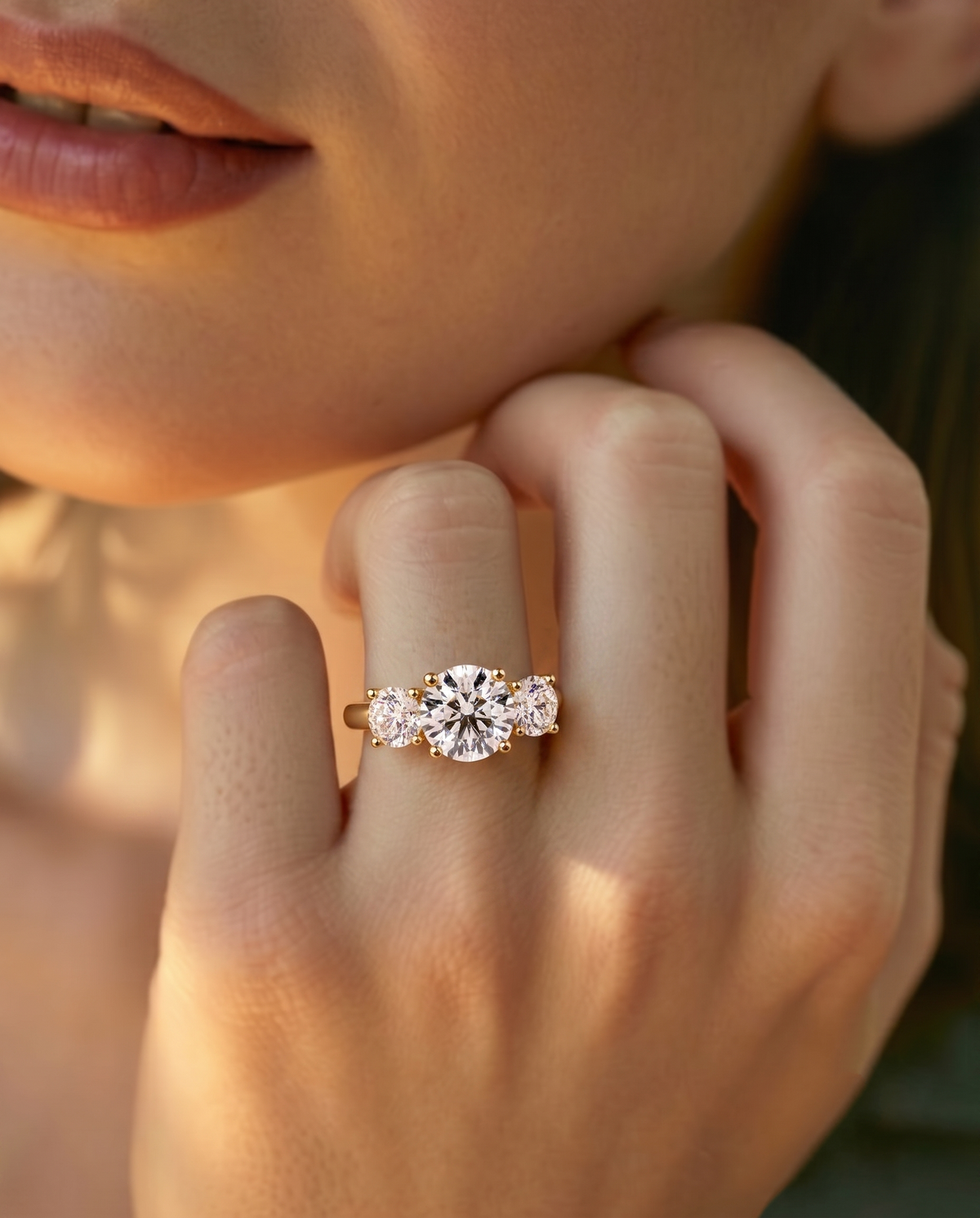 color_10K_YG, color_14K_YG &&	
A close-up lifestyle shot of a woman's hand wearing a rose gold ring with a three-stone cluster center diamond and side diamonds, set against a warm, softly lit background.